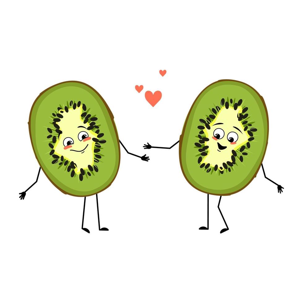 simpatico personaggio kiwi con emozioni d'amore, faccia sorridente, braccia e gambe vettore