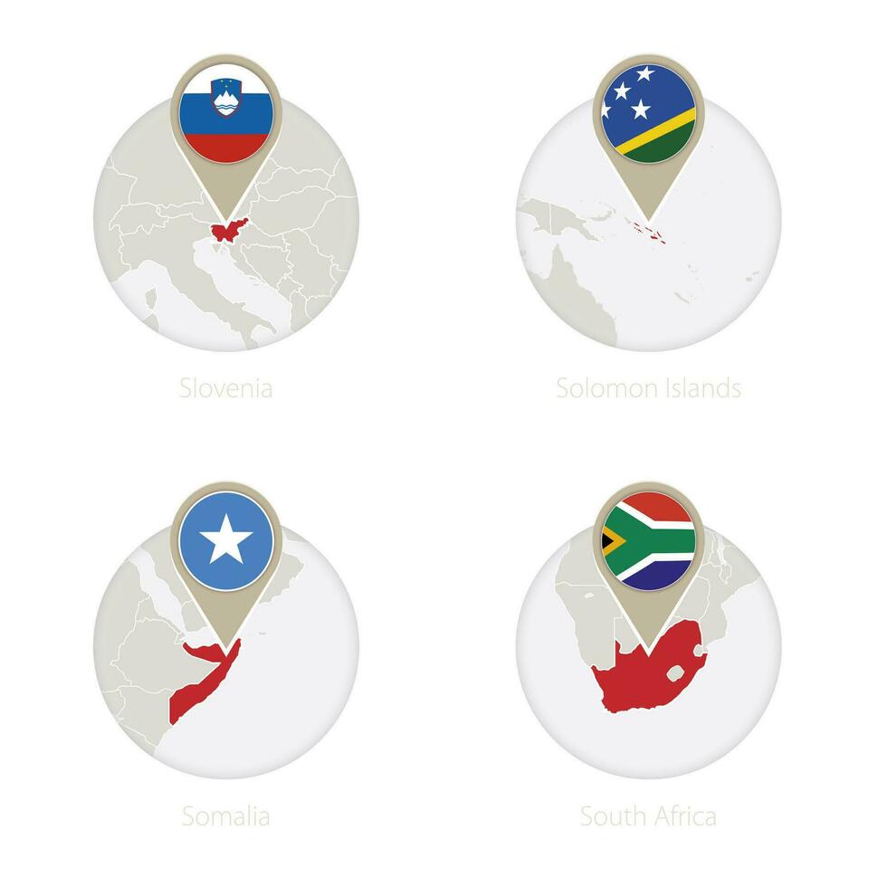 slovenia, Salomone isole, Somalia, Sud Africa carta geografica e bandiera nel cerchio. vettore