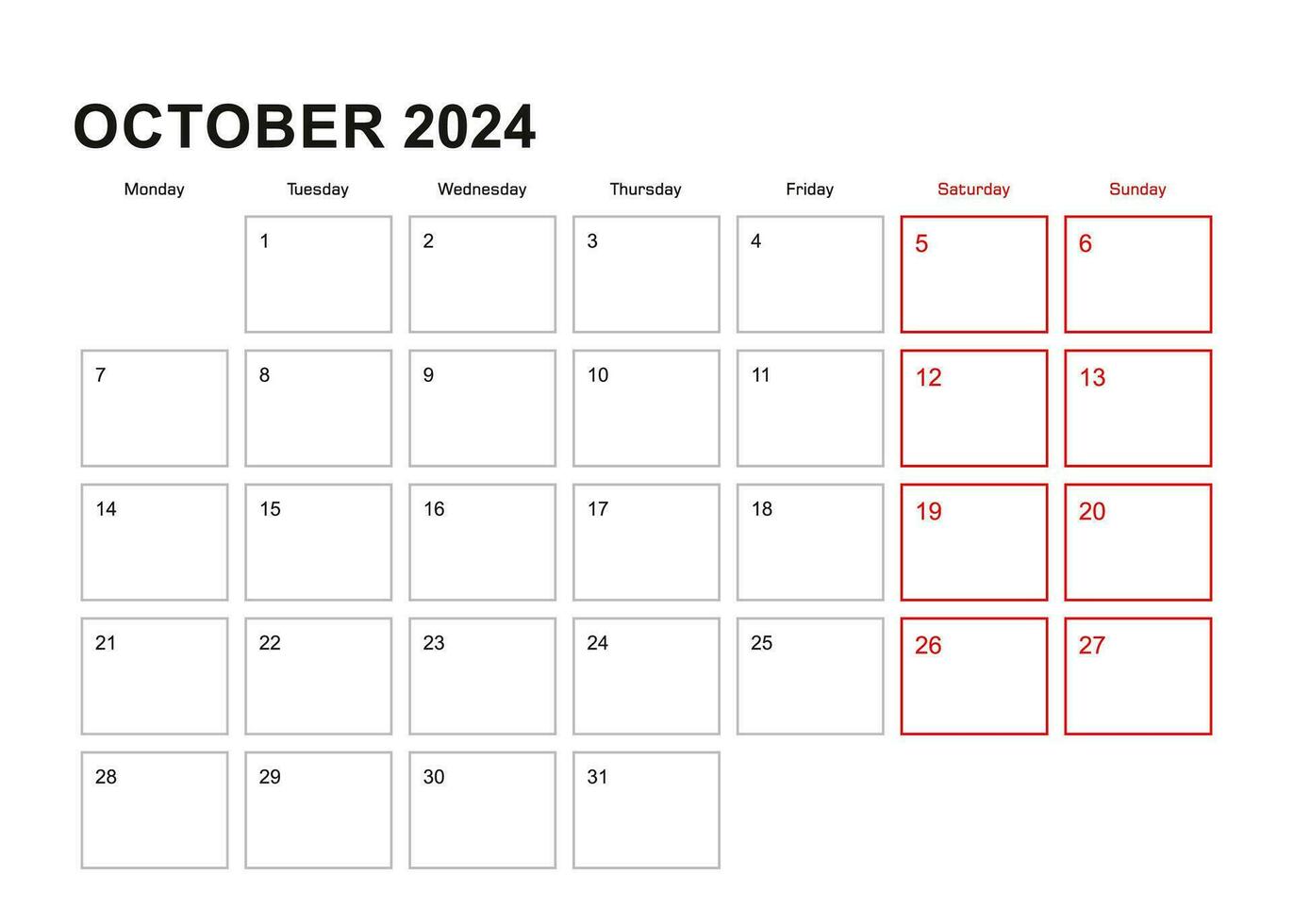 parete progettista per ottobre 2024 nel inglese linguaggio, settimana inizia nel lunedì. vettore