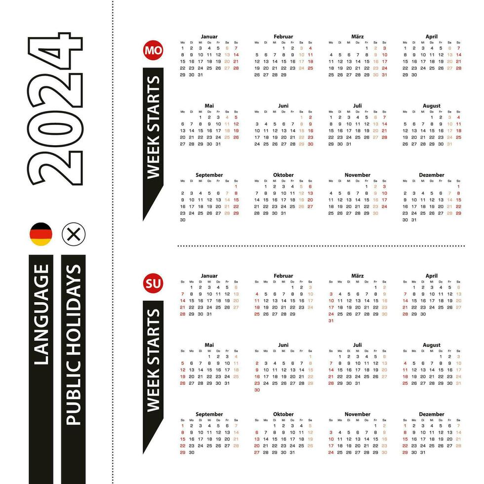 Due versioni di 2024 calendario nel Tedesco, settimana inizia a partire dal Lunedi e settimana inizia a partire dal domenica. vettore