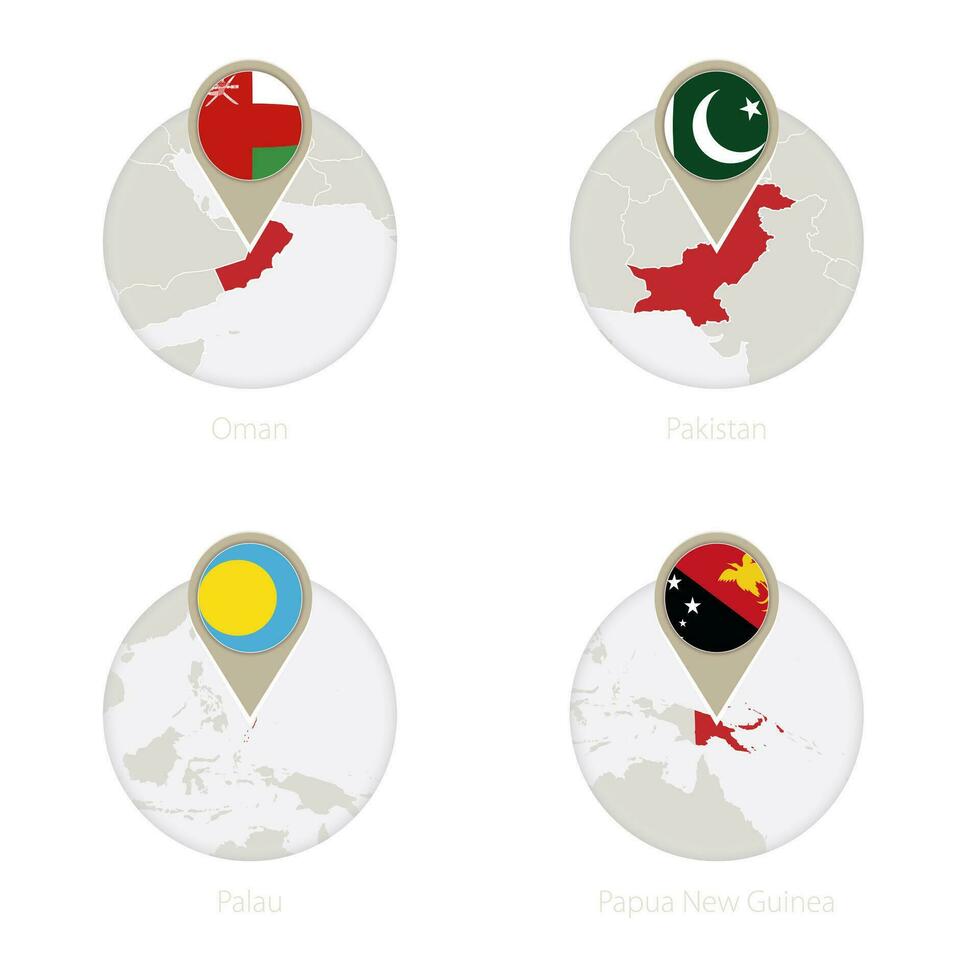 Oman, Pakistan, palau, papua nuovo Guinea carta geografica e bandiera nel cerchio. vettore