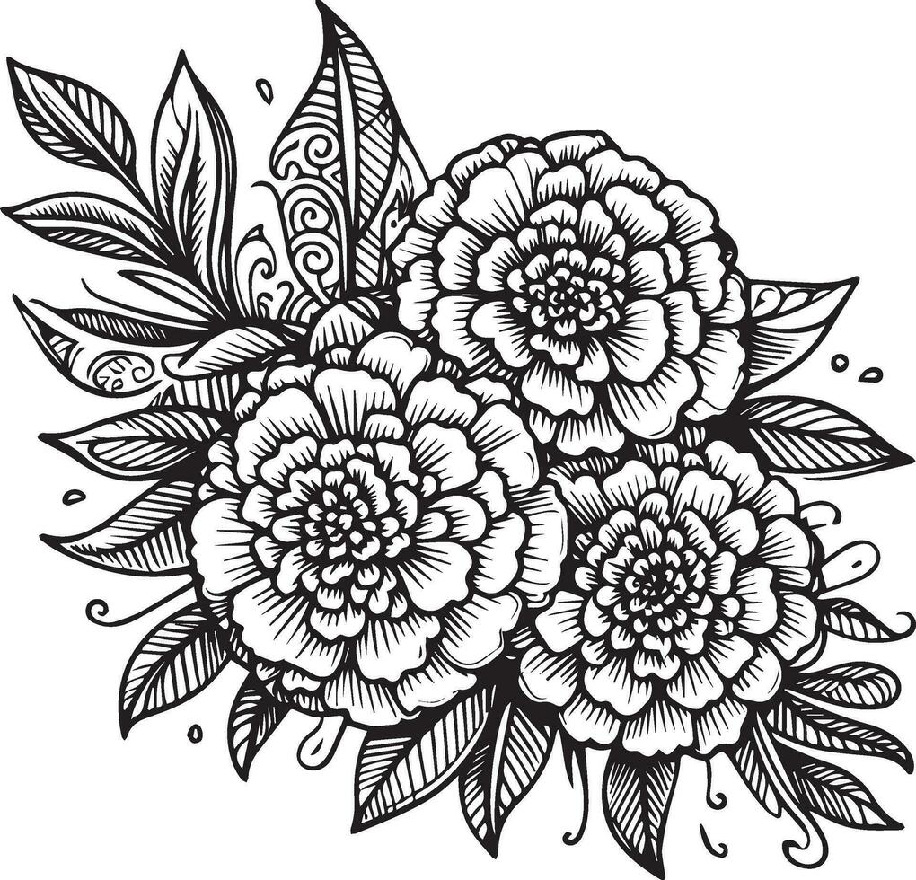 dettagliato fiore colorazione pagine, schizzo contorno mazzo di primula fiori, schizzo calendula fiore disegno, fiore grappolo disegno, facile fiori colorazione pagine, ottobre nascita colorazione pagine per adulti vettore