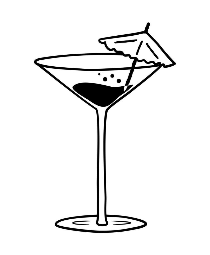 coctail nel scarabocchio stile. mano disegnato icona, simbolo, logo. coctail su il spiaggia con ombrello, tropicale estate alcolizzato bevanda bevanda. design per striscione, manifesto, bar o ristorante menù. vettore