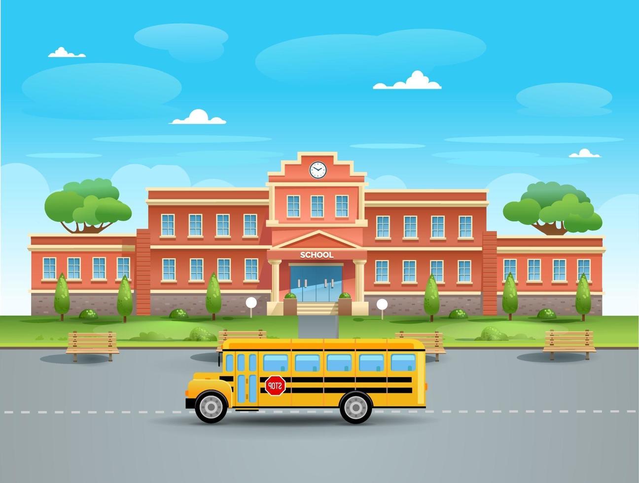 scuola. scuolabus a scuola. illustrazione vettoriale piatta