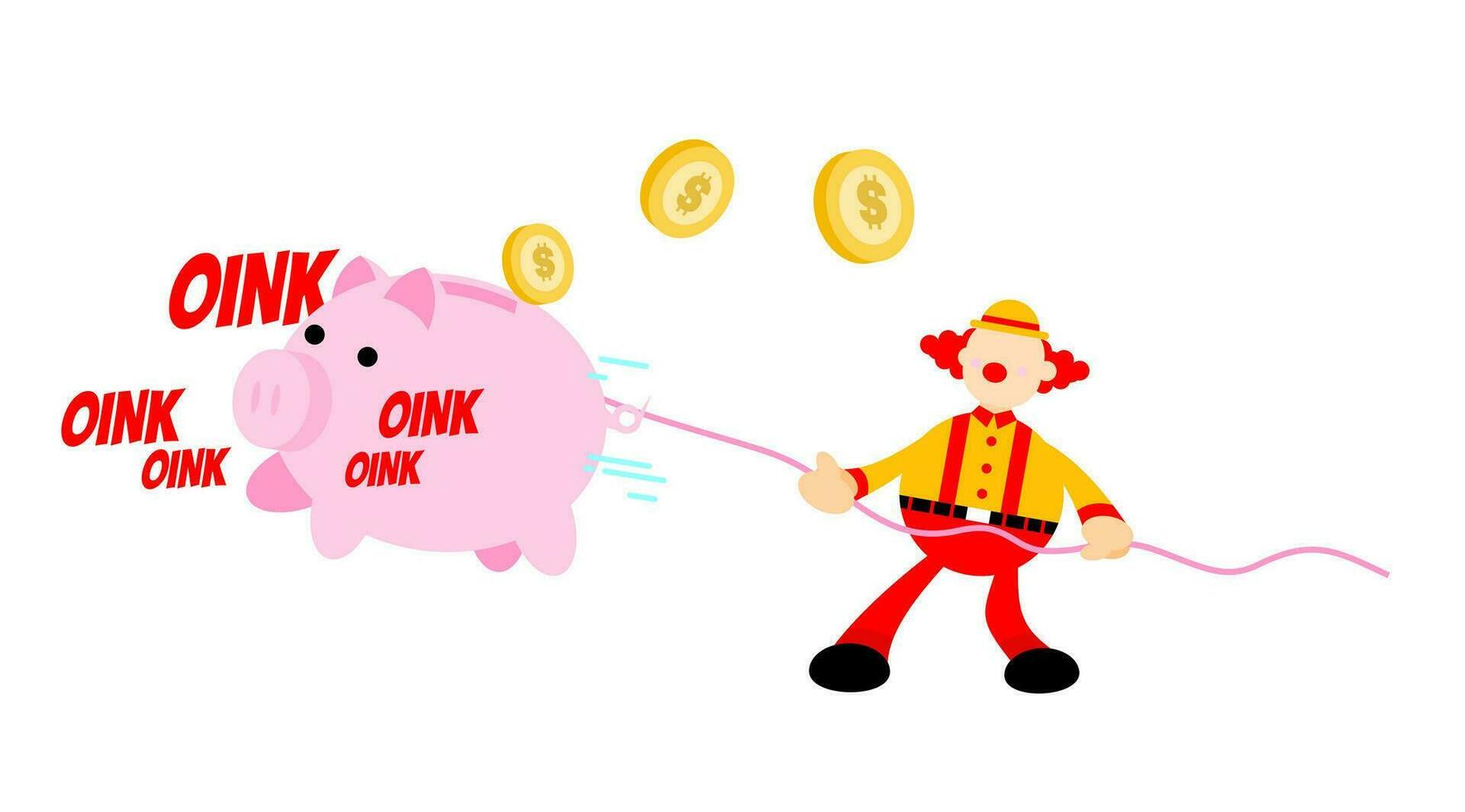 contento clown e maiale banca i soldi dollaro economia finanza cartone animato scarabocchio vettore illustrazione piatto design stile