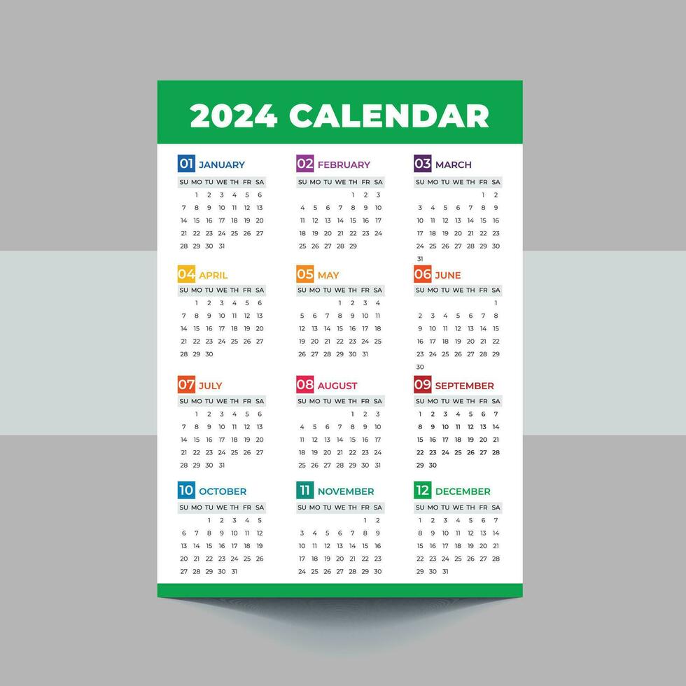 2024 calendario modello design. settimana inizia su Domenica ufficio calendario. del desktop progettista nel semplice pulito stile. aziendale o attività commerciale calendario. inglese vettore calendario disposizione.