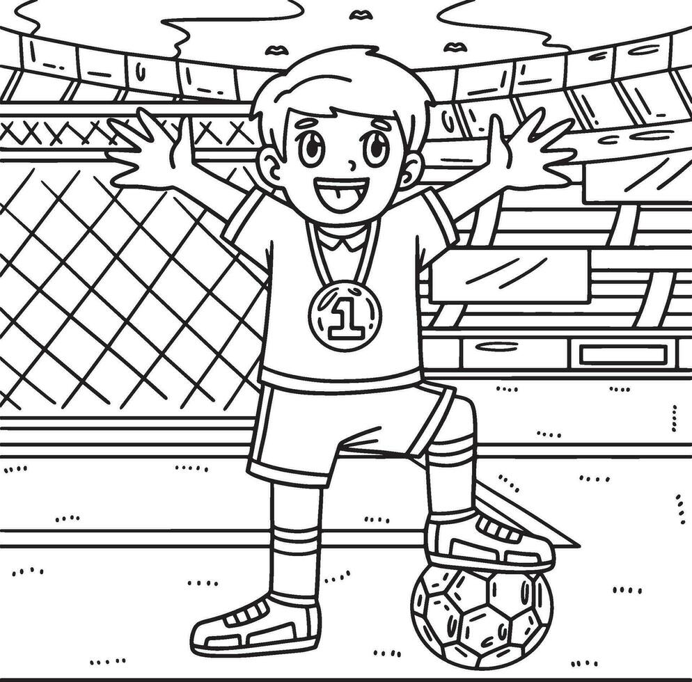 calcio ragazzo indossare medaglia colorazione pagina per bambini vettore