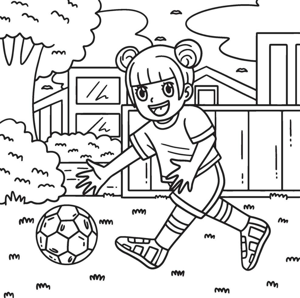 ragazza raccolta calcio palla colorazione pagina per bambini vettore