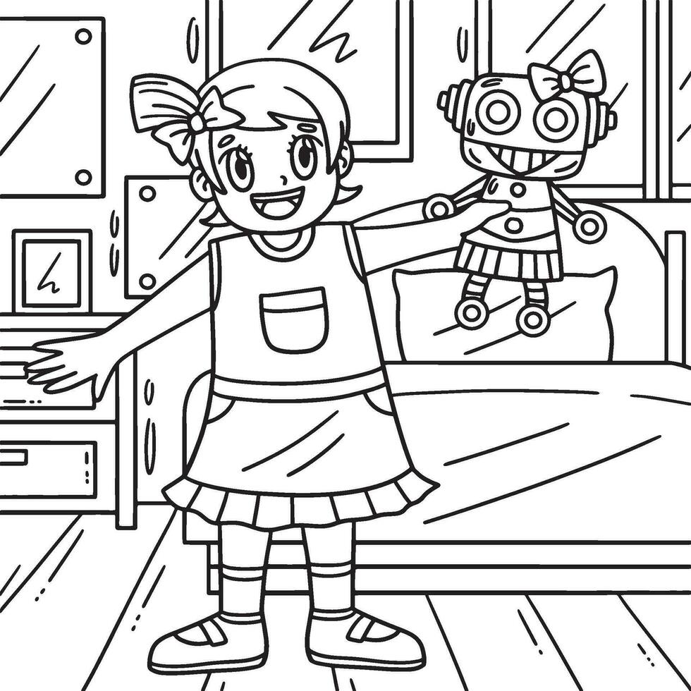 ragazza con robot giocattolo colorazione pagina per bambini vettore