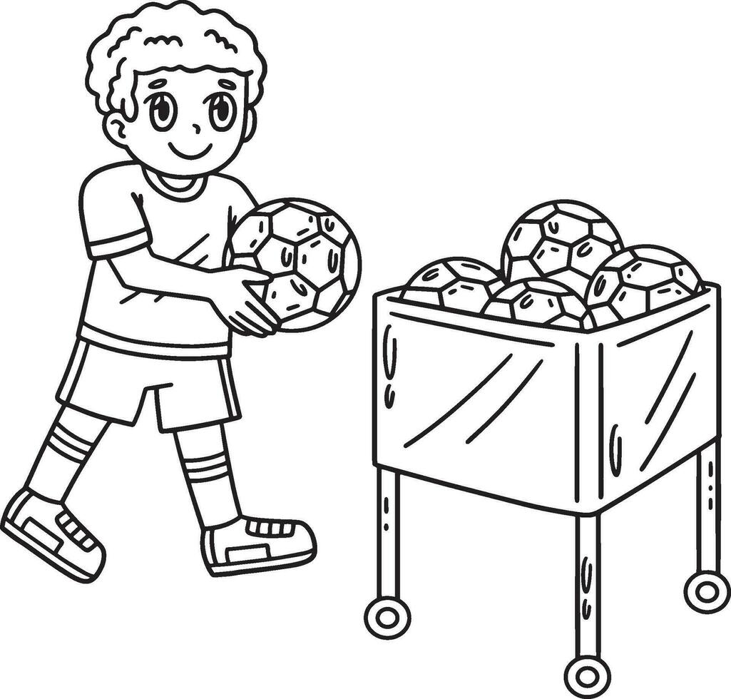 ragazzo con calcio palla carrello isolato colorazione pagina vettore