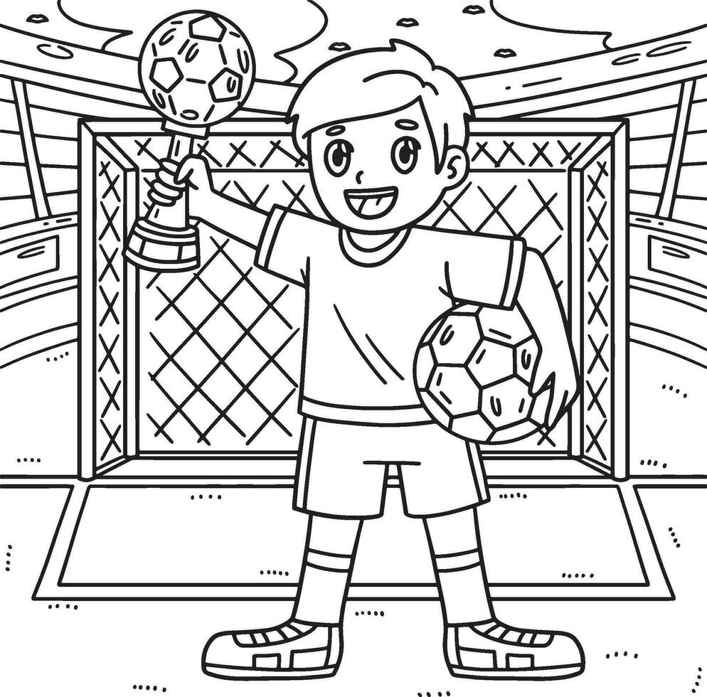 ragazzo con calcio trofeo colorazione pagina per bambini vettore
