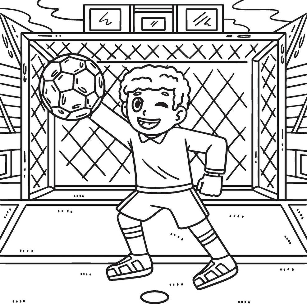 calcio ragazzo obbiettivo custode colorazione pagina per bambini vettore
