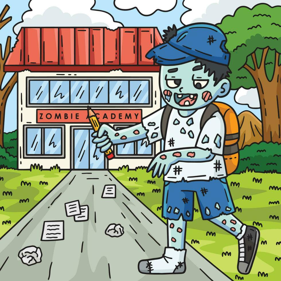 zombie con un' scuola Borsa e cappello colorato cartone animato vettore
