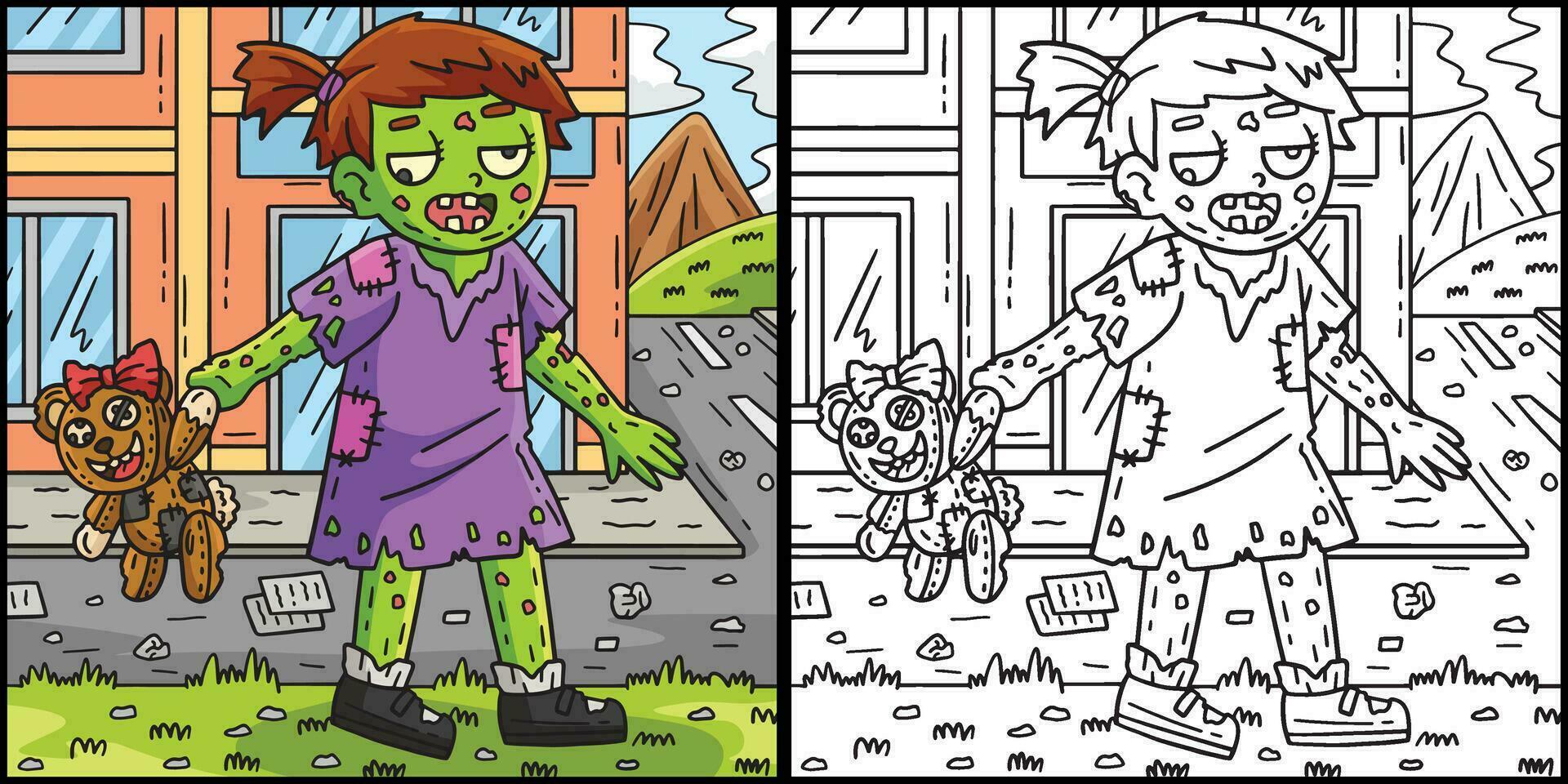 zombie ragazza con un' plushie colorazione illustrazione vettore