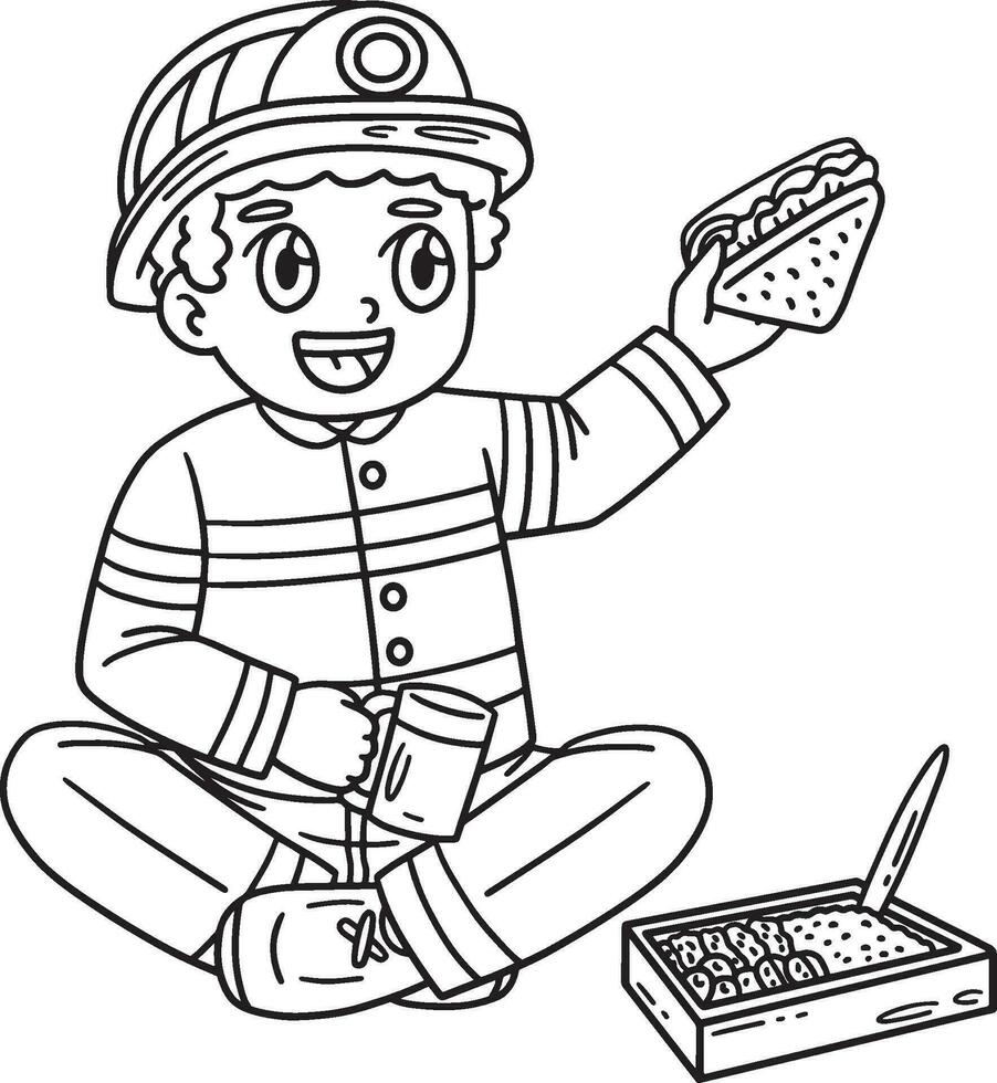 pompiere mangiare pranzo isolato colorazione pagina vettore