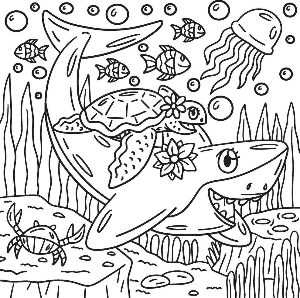 squalo e tartaruga colorazione pagina per bambini vettore
