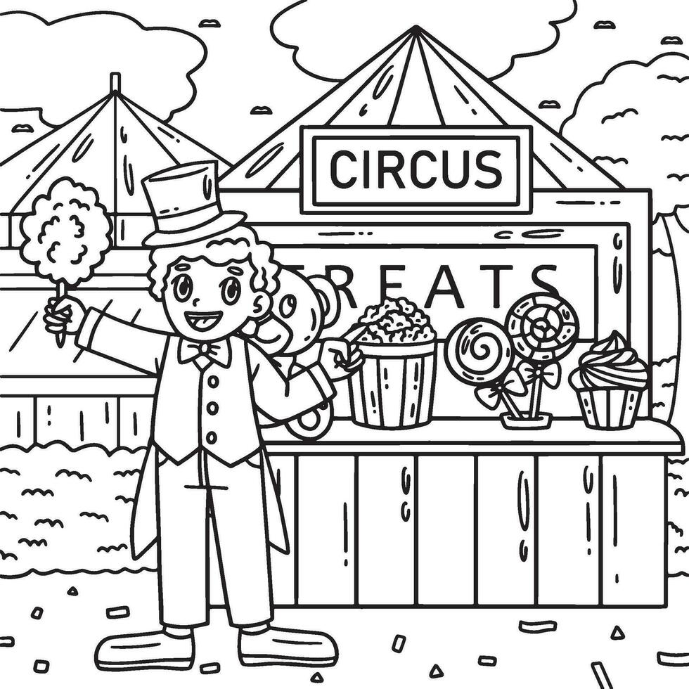 circo venditore colorazione pagina per bambini vettore