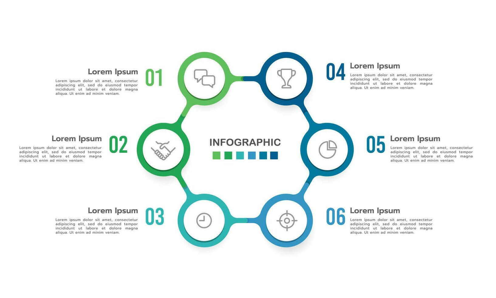 6 processi per successo. Infografica ciclo design modello. attività commerciale presentazione. vettore illustrazione.