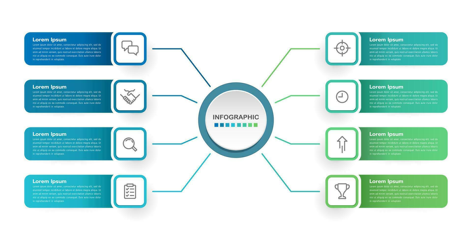 Infografica 8 passaggi o opzioni design modello. attività commerciale presentazione, organizzativo, e rapporto. vettore illustrazione.