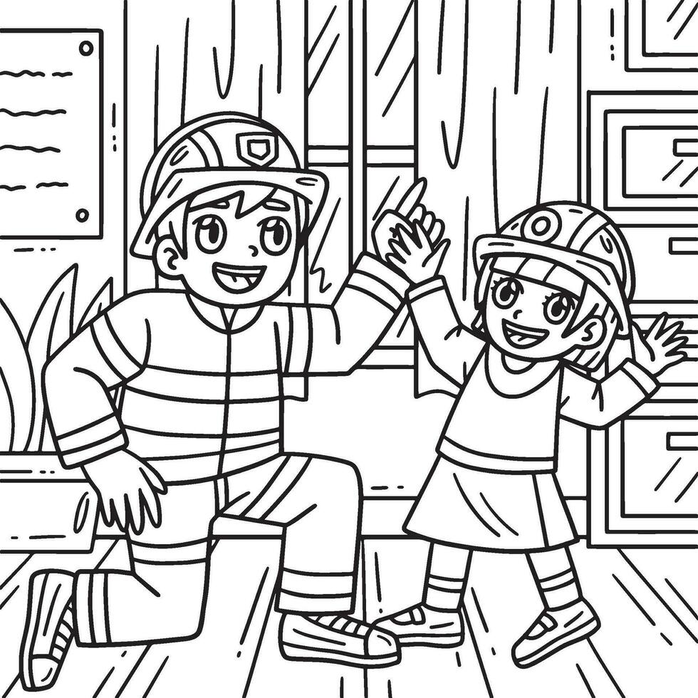 pompiere e bambino colorazione pagina per bambini vettore