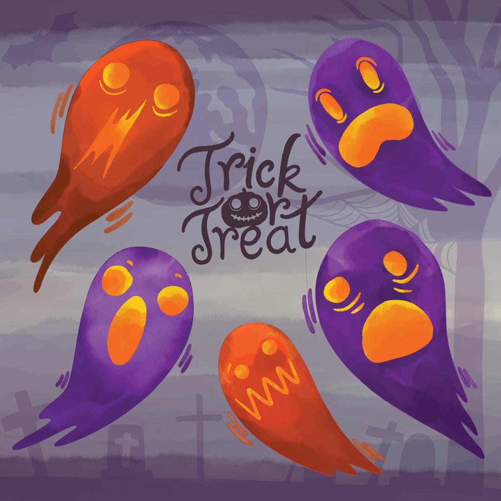 set di giorno di halloween dipinto ad acquerello, dolcetto o scherzetto clipart vettore