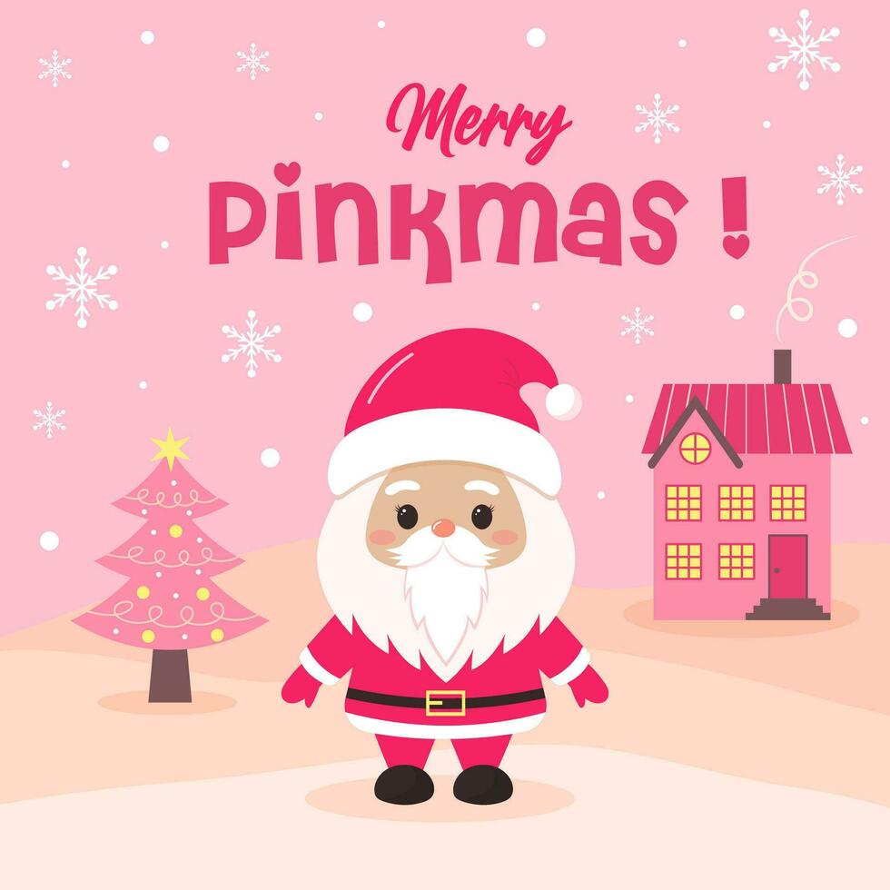 allegro pinkmas saluto carta con carino Santa claus, rosa Natale albero, inverno Casa e fiocchi di neve. inverno nevoso paesaggio. vacanza cartone animato carattere. vettore