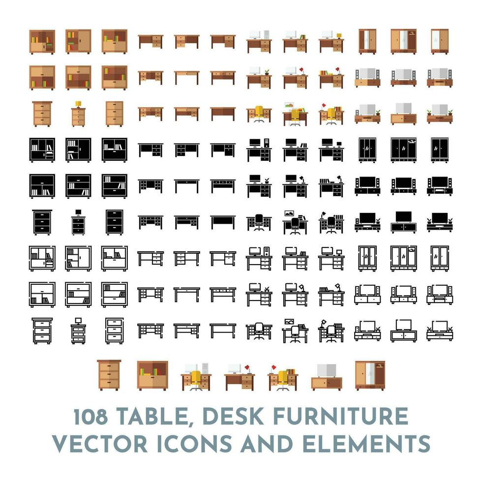 108 vettore tavolo scrivania mobilia elementi e icone imballare