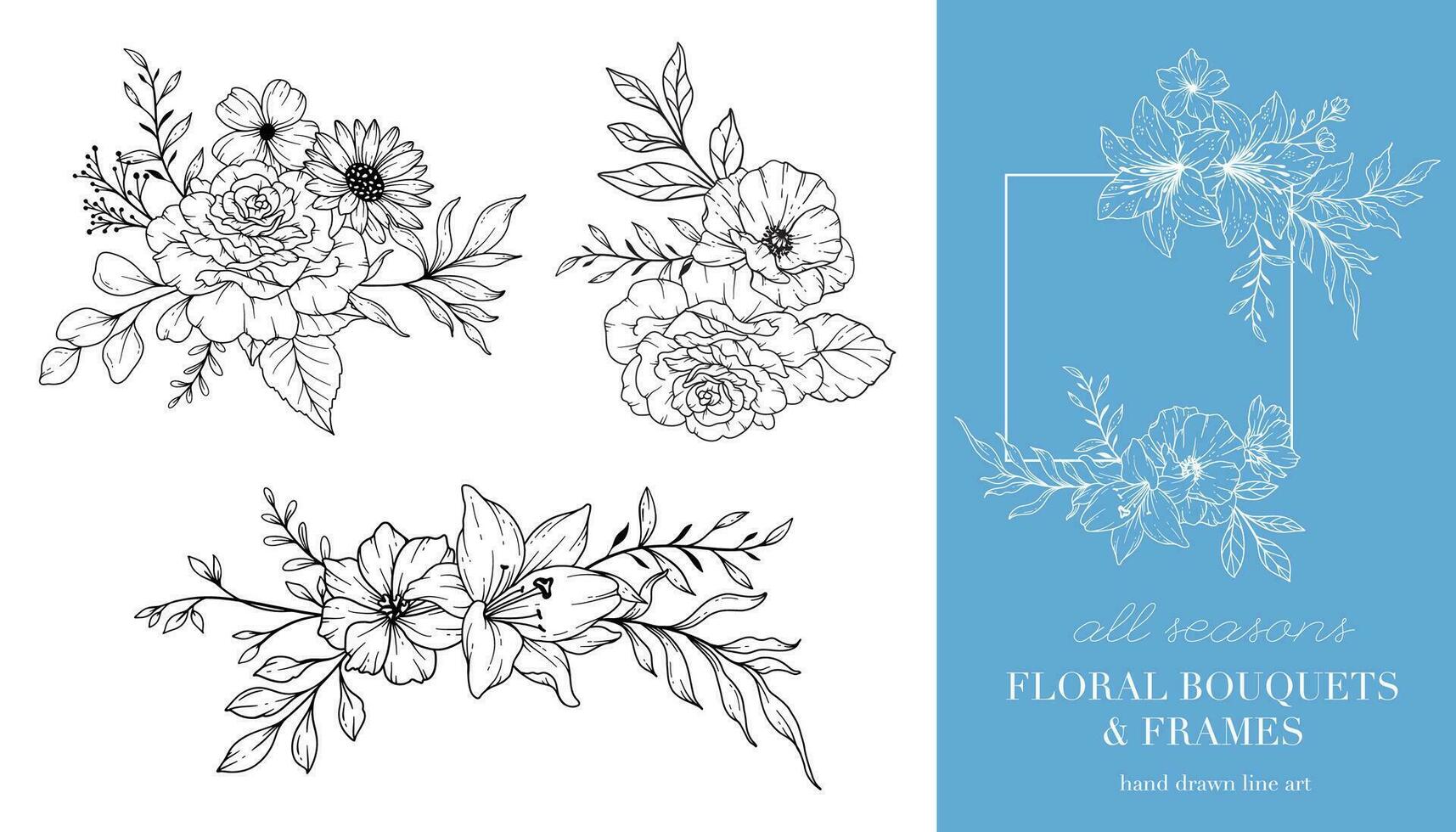 fiori selvatici linea arte. floreale montatura e mazzi di fiori. floreale linea arte. bene linea fiori selvatici montatura mano disegnato illustrazione. mano disegnato schema fiori selvatici. botanico colorazione pagina. fiori selvatici isolato vettore