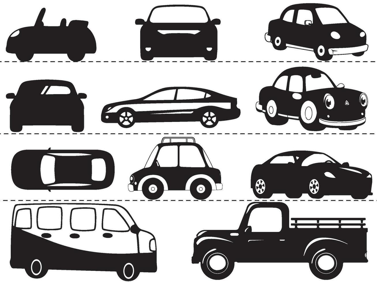 auto silhouette su bianca sfondo. auto icone impostato Visualizza a partire dal vario lato, davanti, Indietro, e superiore lato Visualizza. vettore illustrazione.