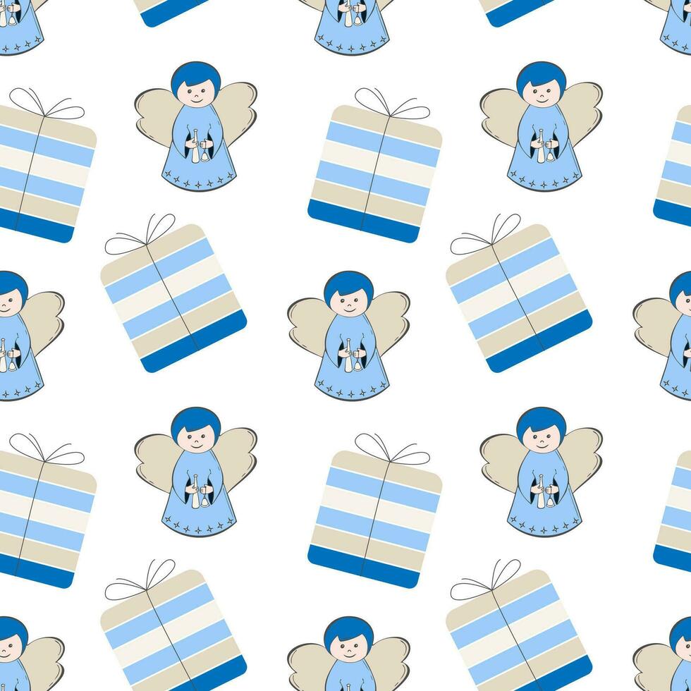 modello con i regali e angeli per Natale, blu e beige colori, disegno di bambino Tenere campana e tubo. vettore