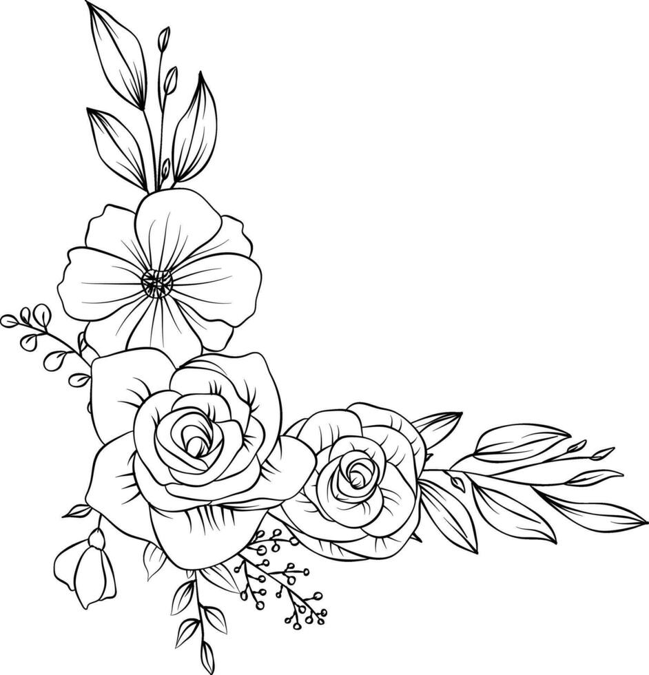 Vintage ▾ fiore vettore Immagine. schizzo composizione, Rose, e foglie, nero e bianca mano disegnato fiori