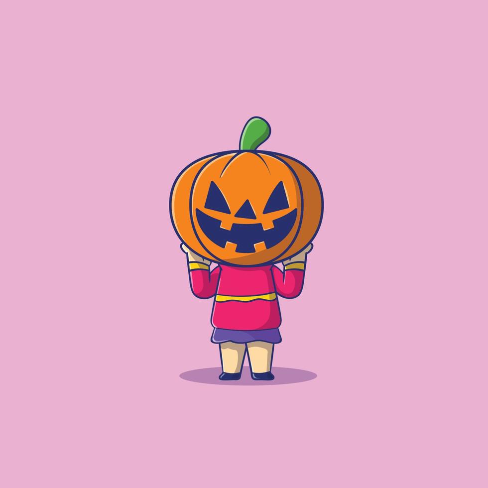 illustrazione di halloween della ragazza che utilizza l'icona di vettore del casco di zucche.