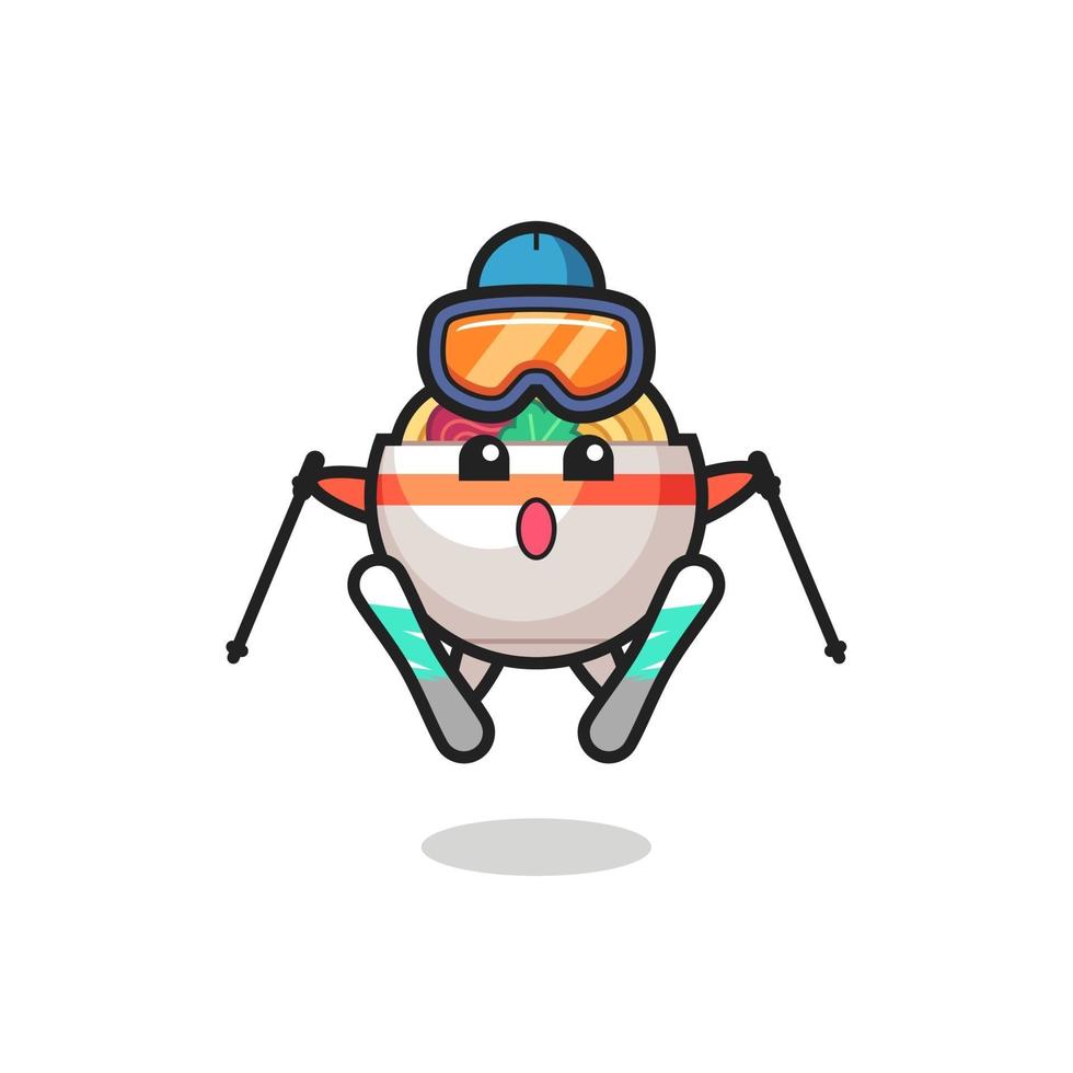 personaggio mascotte della ciotola di noodle come giocatore di sci vettore