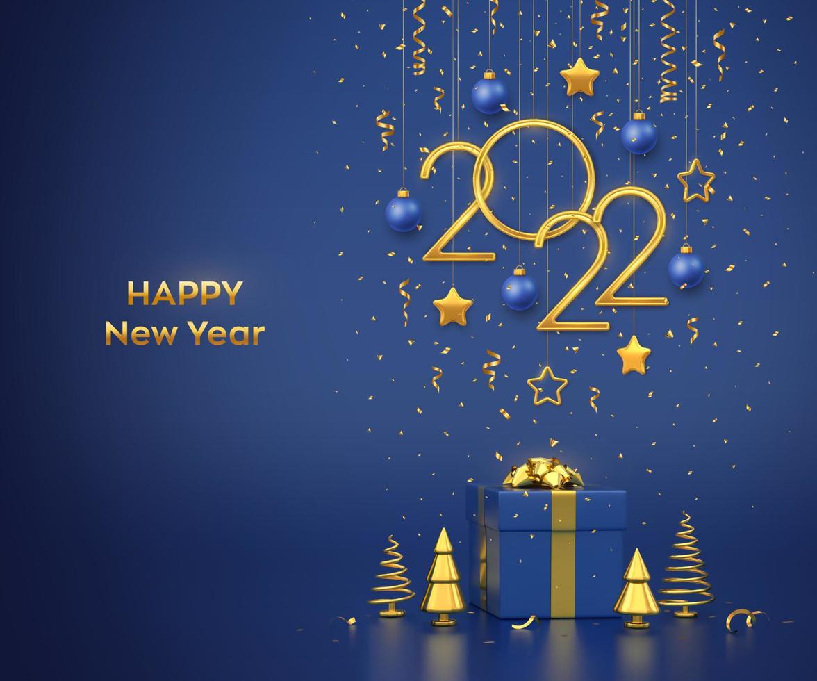 felice nuovo anno 2022. appeso numeri metallici dorati 2022 con stelle. vettore