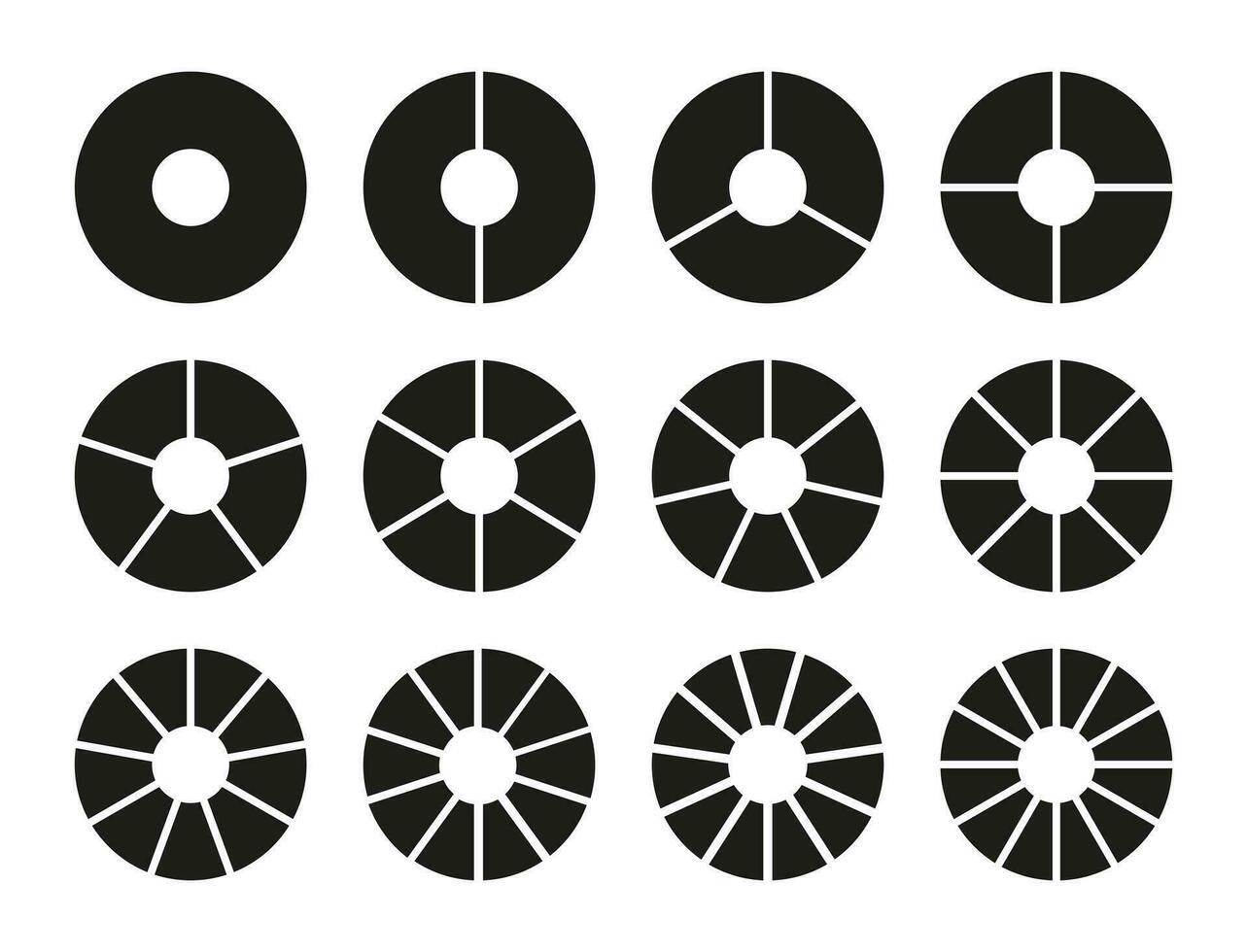 collezione di cerchi divisione su 1, 2, 3, 4, 5, 6, 7, 8, 9, 10, 11, 12 pari parti. il giro diviso diagrammi con segmenti. impostato di Infografica modelli. istruire ruota vita vuoto. vettore illustrazione.