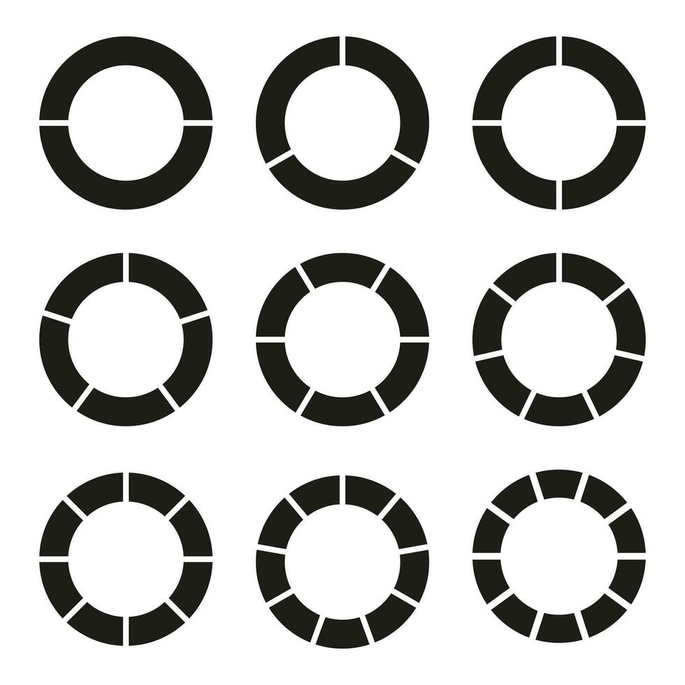 Infografica impostare. cerchio divisione su pari parti. ruota il giro diviso diagrammi con Due, tre, quattro, cinque, sei, Sette, otto, nove, dieci segmenti. istruire vuoto collezione. vettore illustrazione.