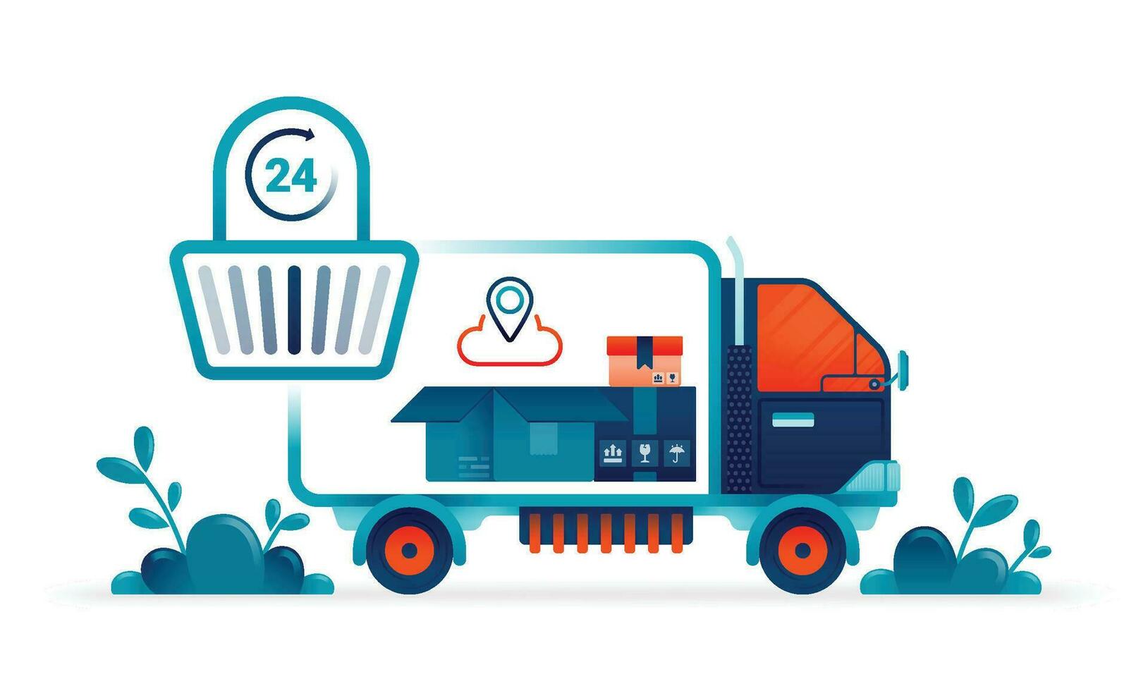 illustrazione di consegna camion contenente pacchetto scatole pronto per essere consegnato e 24 ora shopping cestino nel e commercio. può essere Usato per manifesti, siti web, opuscoli, banner vettore