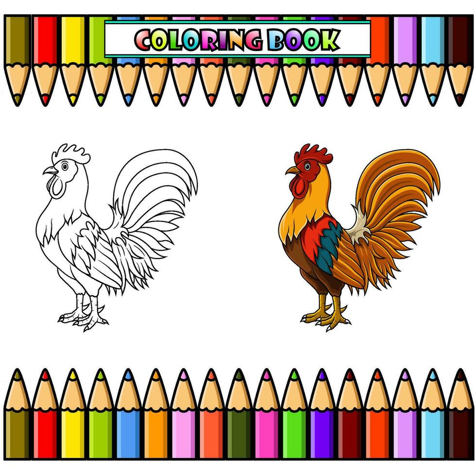 cartone animato Gallo in posa per colorazione libro vettore