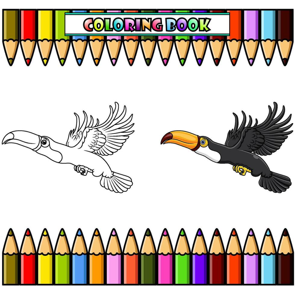 cartone animato tucano volante per colorazione libro vettore