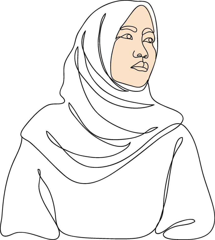 donne ritratto nel linea arte illustrazione. hijab Da donna linea arte. femmina lato Visualizza nel hijab. musulmano signora indossa un' hijab nel linea arte illustrazione. vettore