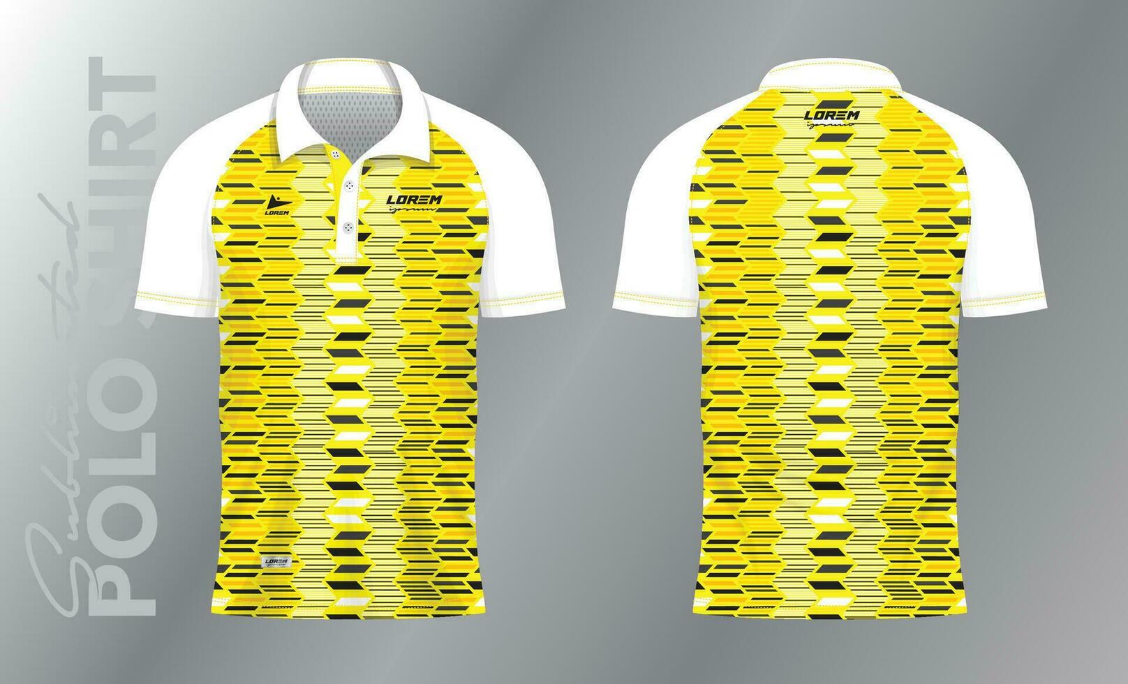 giallo e nero sublimazione polo camicia modello modello design per sport uniforme nel davanti Visualizza e indietro Visualizza vettore