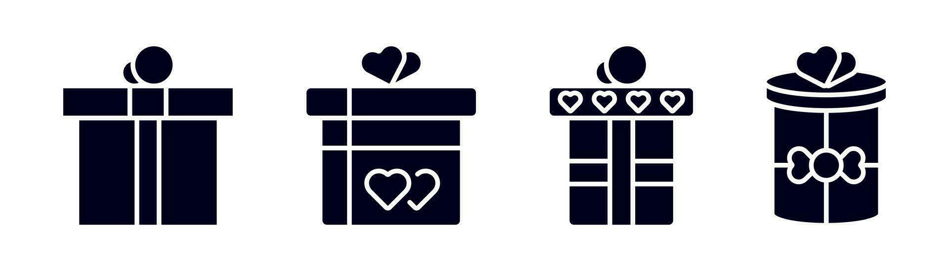 regalo scatola icona impostare. presente scatola nel glifo. regalo pacchetto nel glifo. presente simbolo con cuore forma. san valentino giorno regalo. azione vettore illustrazione.