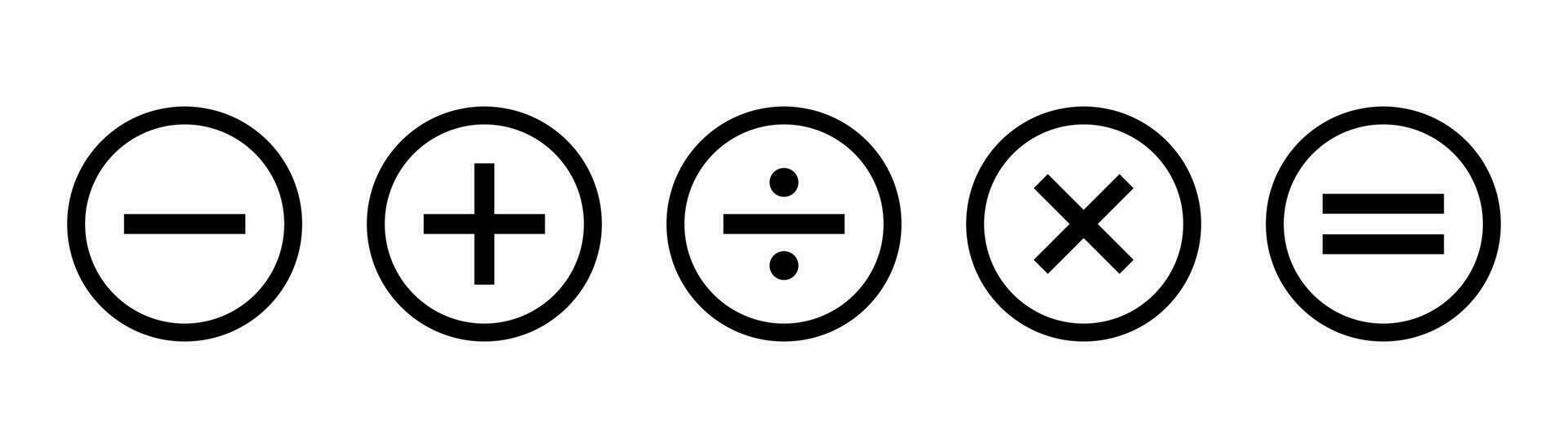 calcolatrice icone impostare. meno, più e pari simboli. matematico simbolo nel cerchio. calcolatrice simbolo nel linea. azione vettore illustrazione