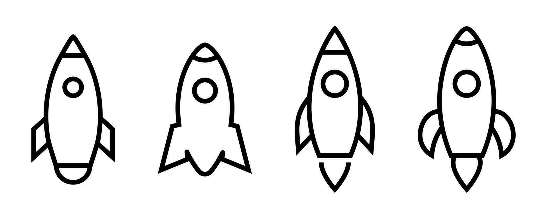 schema razzo icone impostare. lineare navicella spaziale simbolo. schema nero razzo icona. avviare simbolo. trasparente navicella spaziale cartello. navicella spaziale silhouette. avviare illustrazione. lineare navetta icona nel nero. vettore