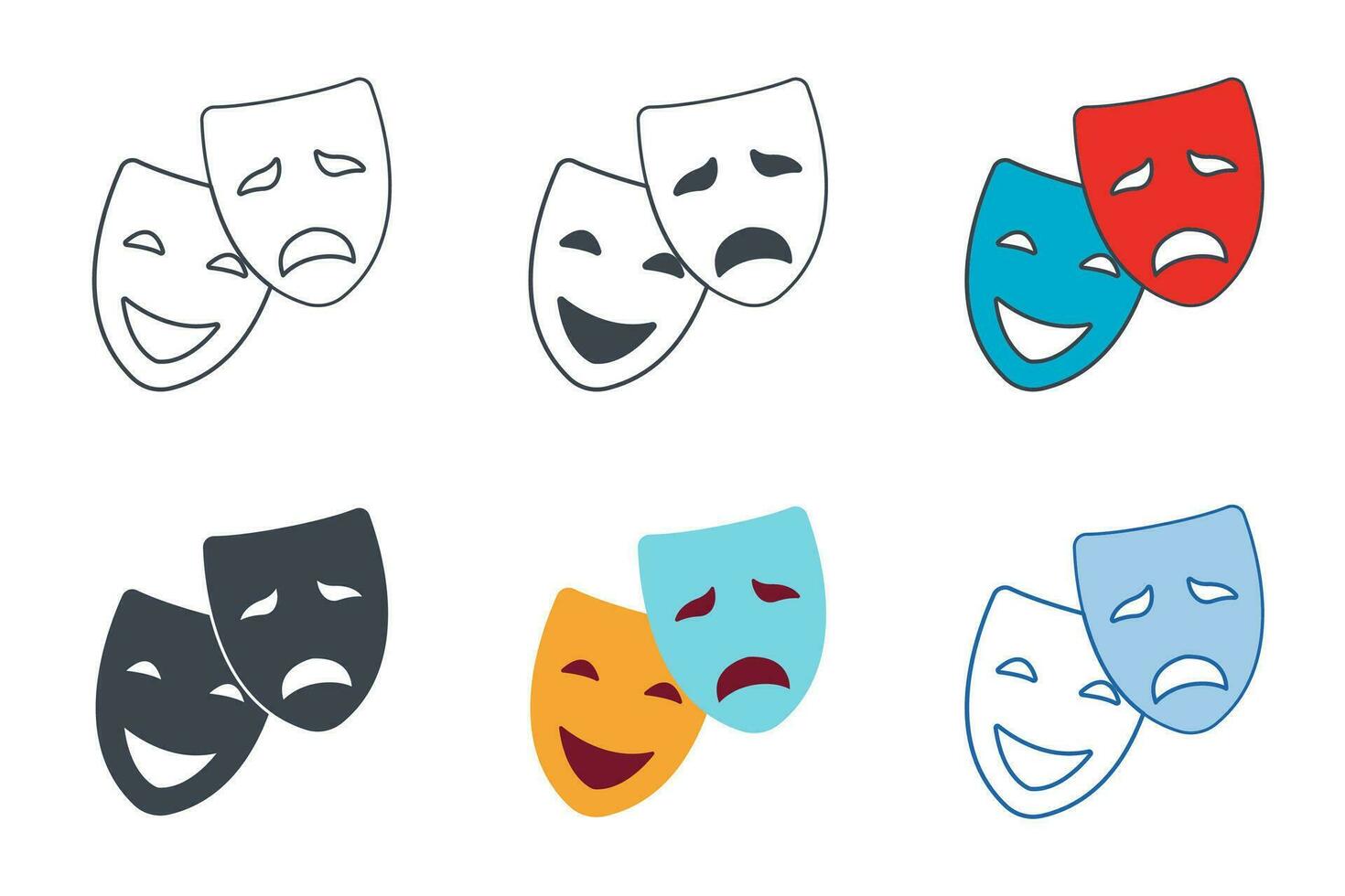 Teatro maschere icona collezione con diverso stili. masquerade commedia e tragedia maschera. comico e tragico viso icona simbolo vettore illustrazione isolato su bianca sfondo