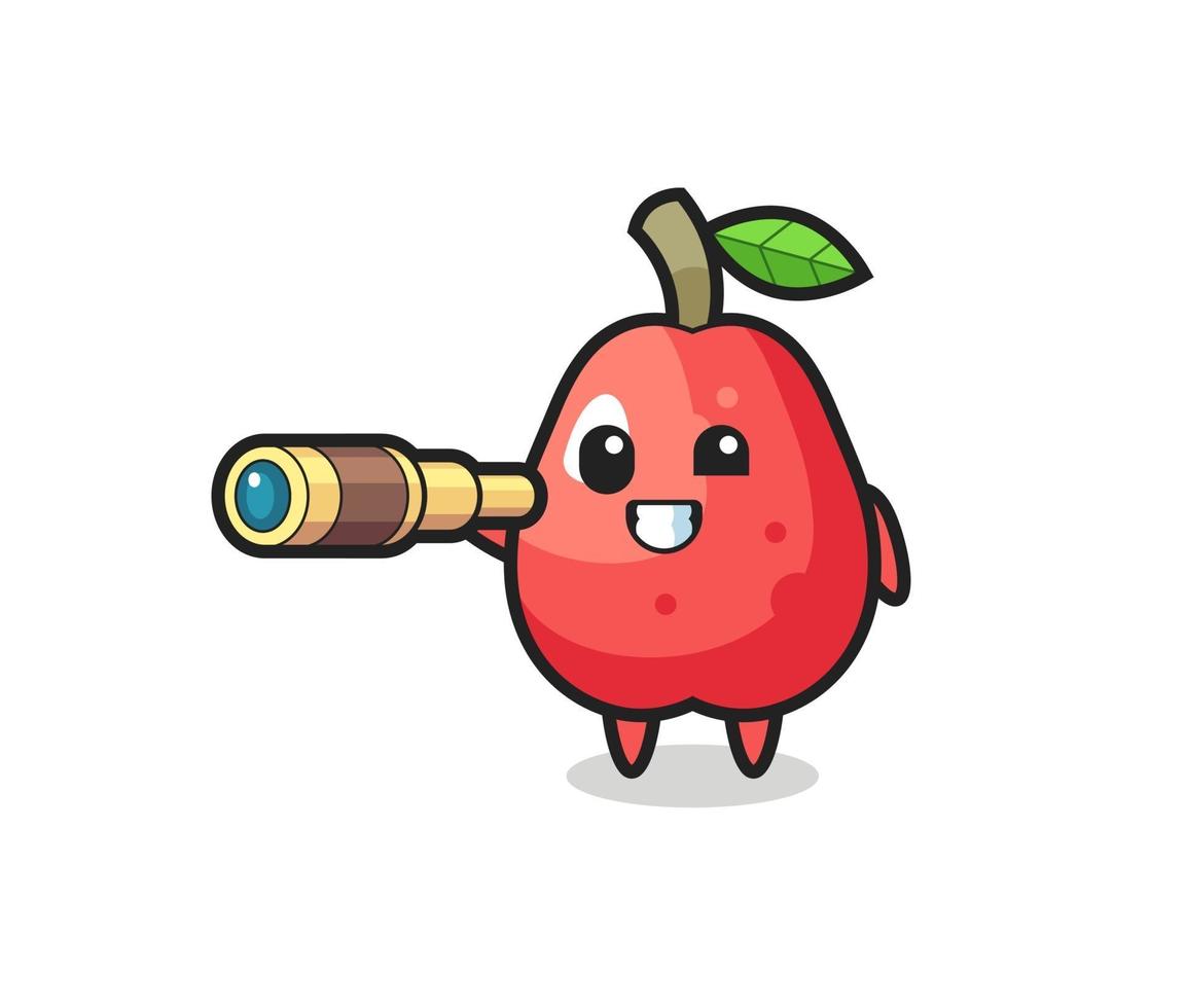 il simpatico personaggio della mela d'acqua tiene in mano un vecchio telescopio vettore