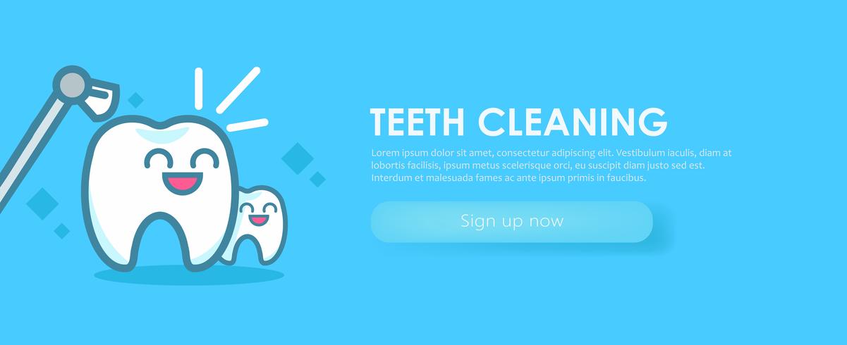 Banner di odontoiatria che pulisce i denti. Simpatici personaggi kawaii. Illustrazione piatta vettoriale