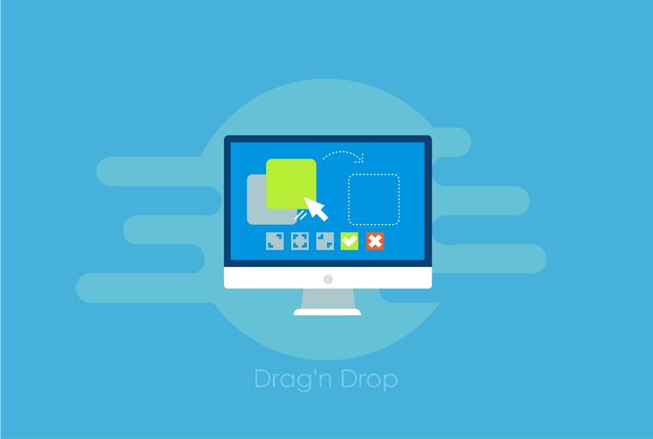 Trascina e rilascia il banner. Computer con le funzioni di impostazione del programma e della configurazione del sito. Illustrazione piatta vettoriale
