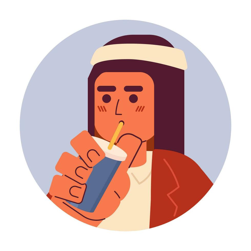 moderno Arabia tipo potabile attraverso cannuccia 2d vettore avatar illustrazione. Tenere caffè uomo indossare kaffiyeh cartone animato personaggio viso. frullato uomo arabo piatto colore utente profilo Immagine isolato su bianca