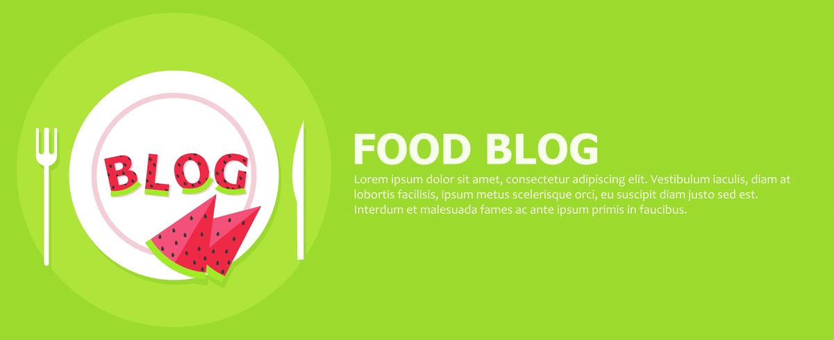 Banner blog alimentare. Piastra con lettere di anguria e la parola Blog. Illustrazione piatta vettoriale